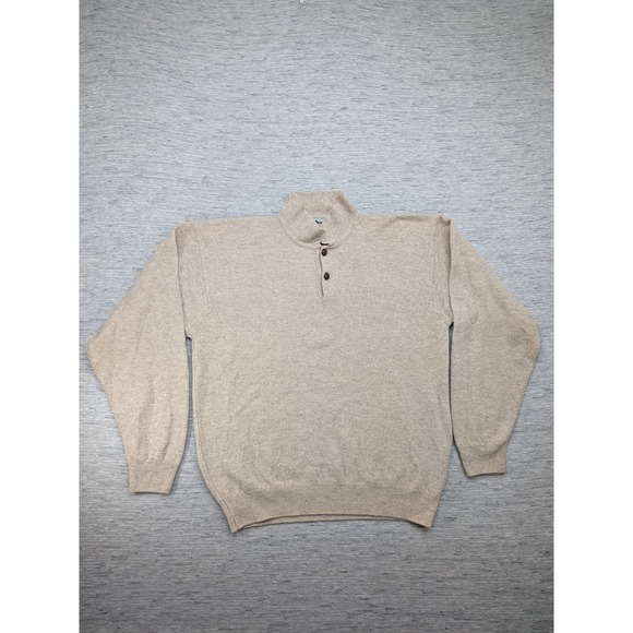 LL Bean Sweater Mens Large Beige 100% Lambswool Scotland Pullover Button‎ Collar - Picture 1 of 8